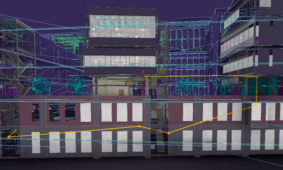 Angled view along the Hospital building's length, same route — the yellow line now runs along the real corridor windows and through the doorways it uses on its way up the stair instead of floating outside the floor plates — 3 doors · 1 stair · 124.7m
