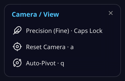The Camera / View drawer open — Precision (Fine), Reset Camera, and Auto-Pivot, each with its shortcut key
