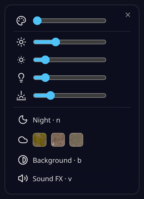 The Display options panel — Ambience/Sun/Exposure/Ambient/Hemisphere sliders, then Night, Shadow + Ground (3 texture swatches), Background, and Sound FX rows