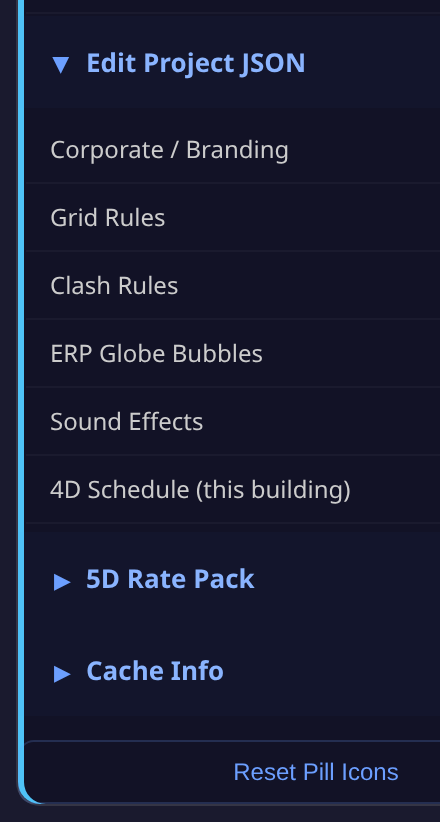 The Settings panel's "Edit Project JSON" section expanded — Corporate/Branding, Grid Rules, Clash Rules, ERP Globe Bubbles, Sound Effects, and 4D Schedule (this building), plus the collapsed 5D Rate Pack and Cache Info sections below