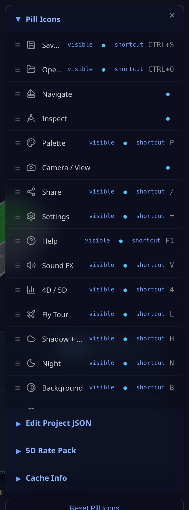 The full Settings panel, Pill Icons section open — every toolbar action listed with its visibility and shortcut