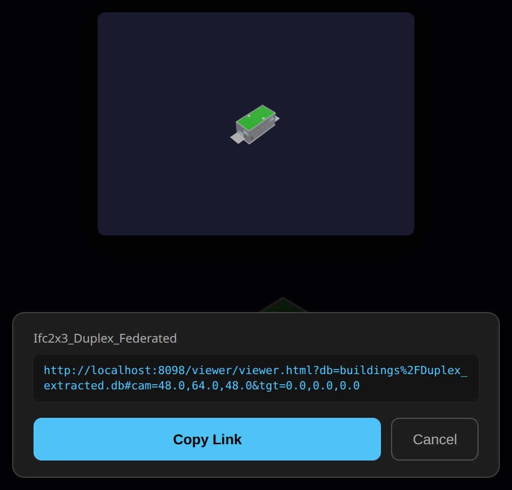 The desktop Share preview card — a live canvas snapshot, the building name, the shareable deep-link URL, and Copy Link / Cancel